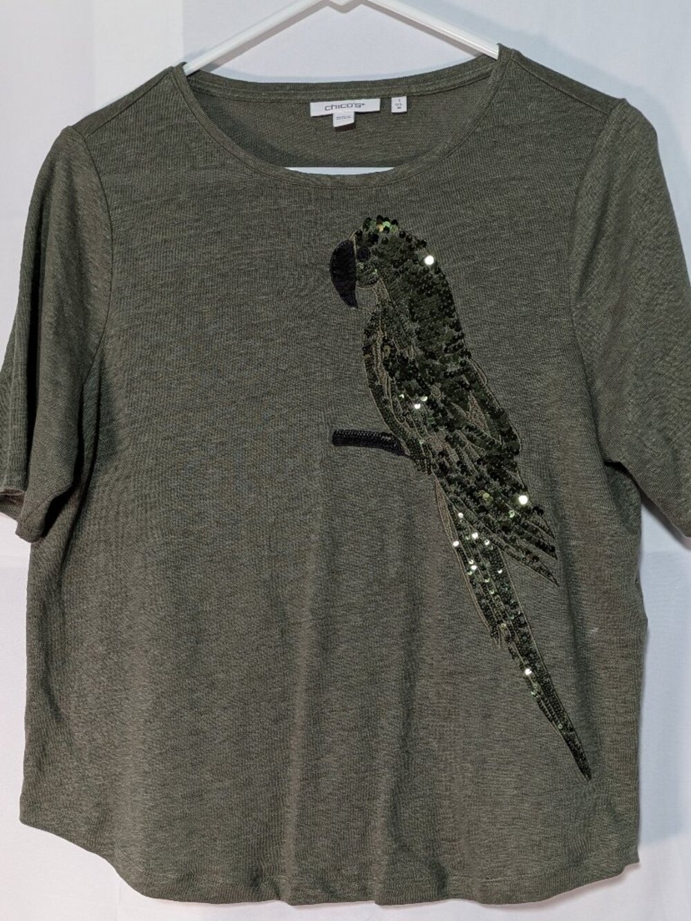 Chico's Olive Green Short Sleeve Tee with Sequin Parrot